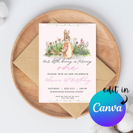 EDITABLE Rabbit Birthday Girl Invitation, Girl 1st 2nd Birthday Invite, Printable template, Instant Download Girl Bunny first birthday party
