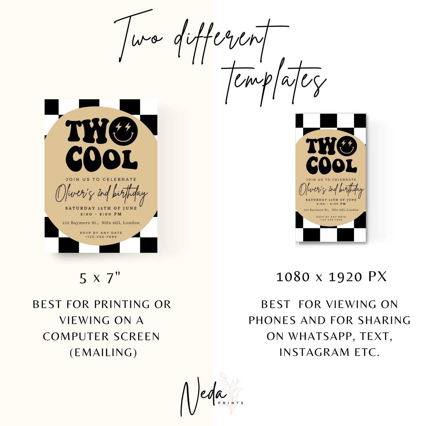 EDITABLE Two Cool Birthday Invitation, 2nd Birthday Boy Invite, Retro checkered birthday, Boy second retro bday, Printable Instant Download