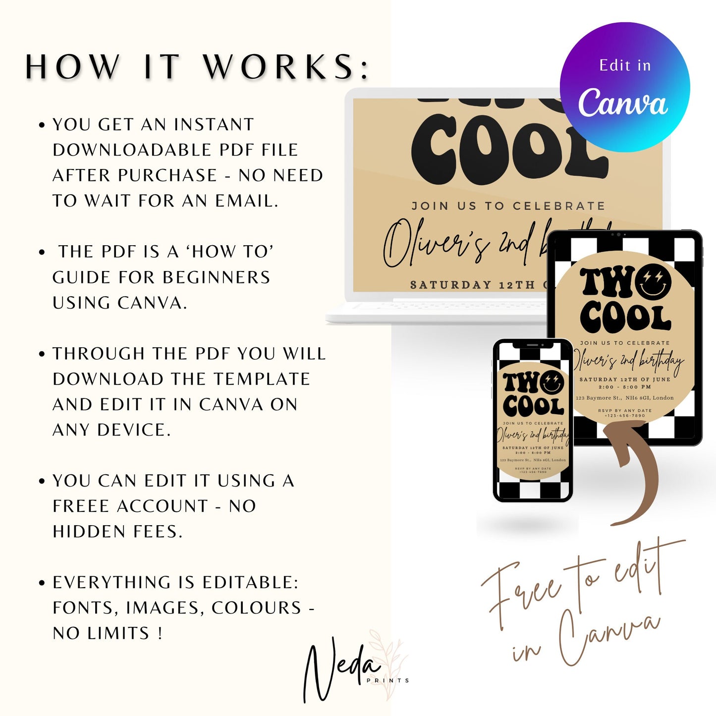 EDITABLE Two Cool Birthday Invitation, 2nd Birthday Boy Invite, Retro checkered birthday, Boy second retro bday, Printable Instant Download