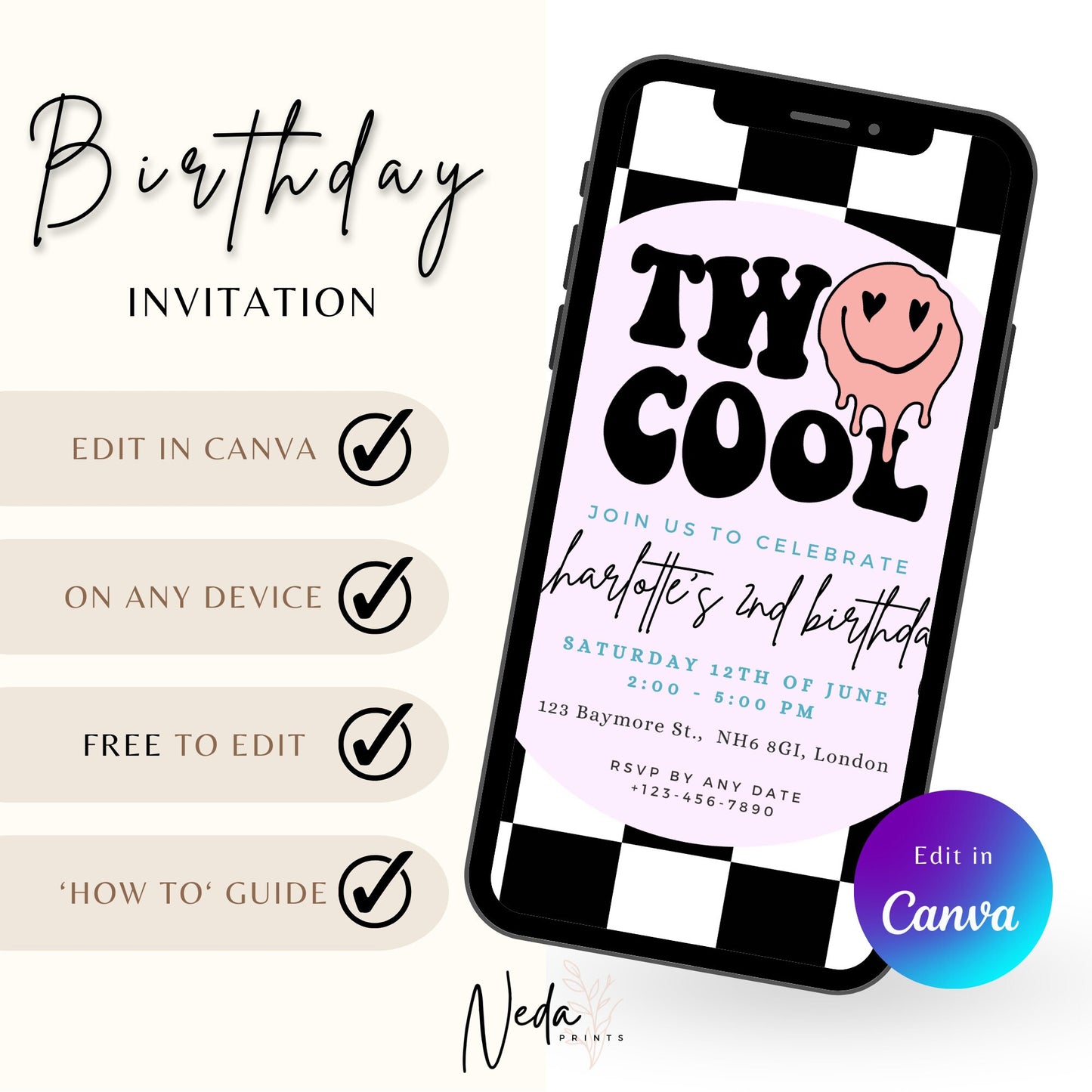 EDITABLE Two Cool Birthday Invitation, Girl 2nd Birthday Invite, Retro birthday, Girl second retro birthday party Printable Instant Download