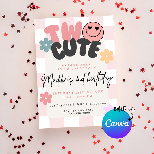 EDITABLE Two Cute Birthday Invitation, Girl 2nd Birthday, Retro Birthday, Two Cute invite, Second birthday Party, Printable Instant Download