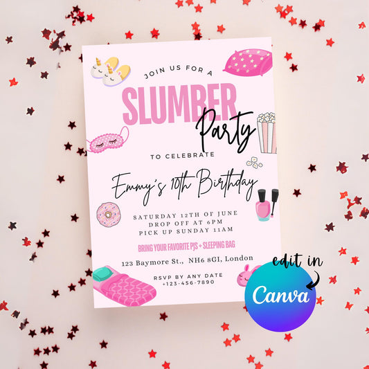 EDITABLE Slumber Party Birthday Invitation, Sleepover Birthday Party, Pyjamas party invite, Pink girl sleepover pj birthday Instant Download