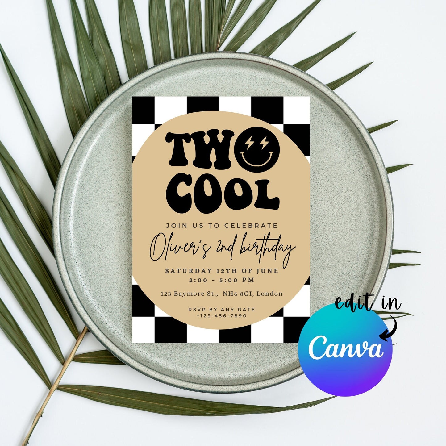 EDITABLE Two Cool Birthday Invitation, 2nd Birthday Boy Invite, Retro checkered birthday, Boy second retro bday, Printable Instant Download