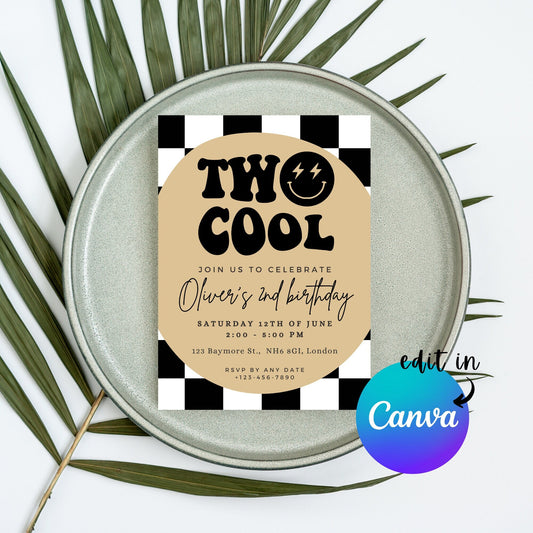 EDITABLE Two Cool Birthday Invitation, 2nd Birthday Boy Invite, Retro checkered birthday, Boy second retro bday, Printable Instant Download