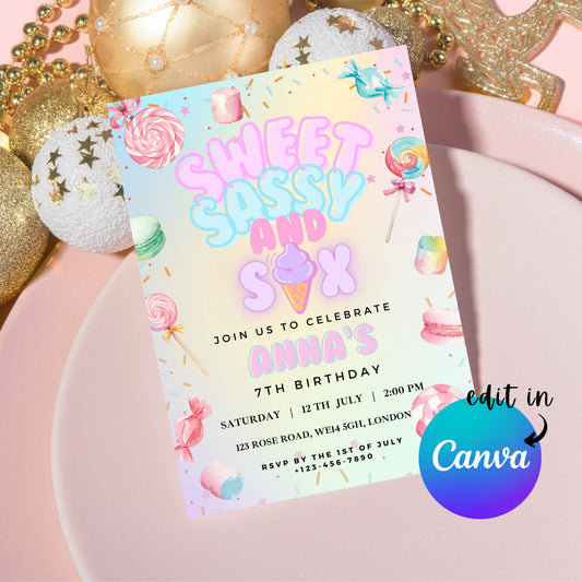 EDITABLE Sweet, Sassy and Six Birthday Invitation, Candy Party Birthday, Sweet Candy Party invite 6th girl birthday Party Instant Download