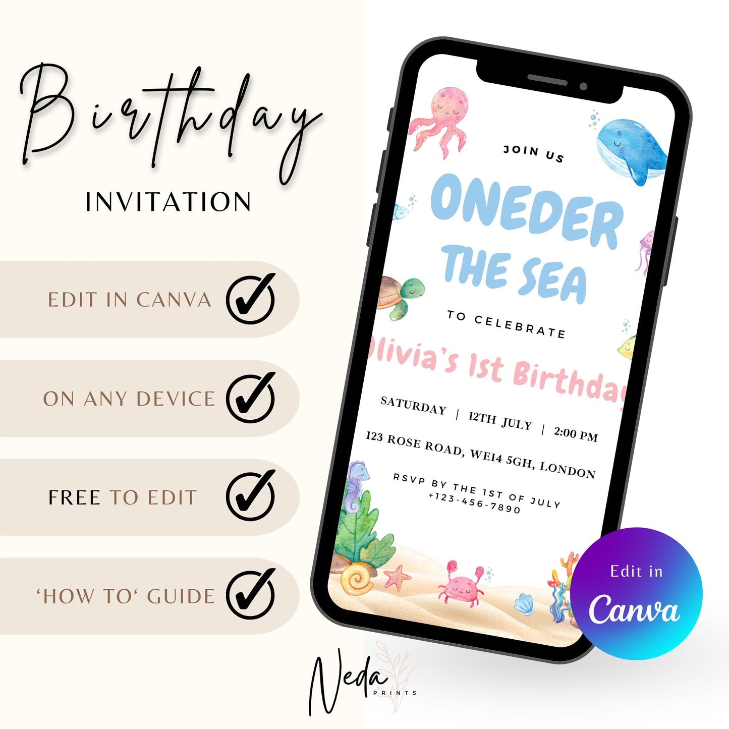 EDITABLE Oneder the Sea Birthday Invitation, 1st Birthday Invite, Ocean Animals, Beach aquarium Girl birthday, Printable, Instant Download