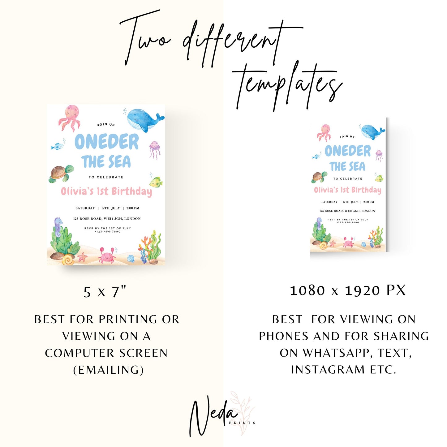 EDITABLE Oneder the Sea Birthday Invitation, 1st Birthday Invite, Ocean Animals, Beach aquarium Girl birthday, Printable, Instant Download