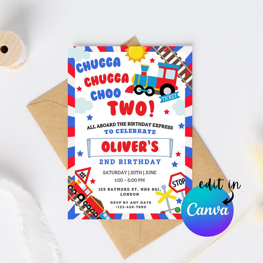 EDITABLE Chugga Chugga Choo Choo Two Train Birthday Invitation, 2nd Birthday Boy Invite, train party, Printable template, Instant Download