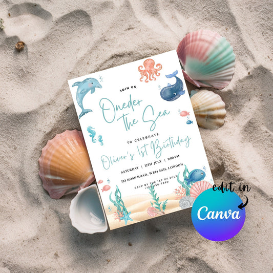 EDITABLE Oneder the Sea Birthday Invitation, 1st Birthday Invite, Ocean Animals, Beach aquarium Boy birthday, Printable, Instant Download