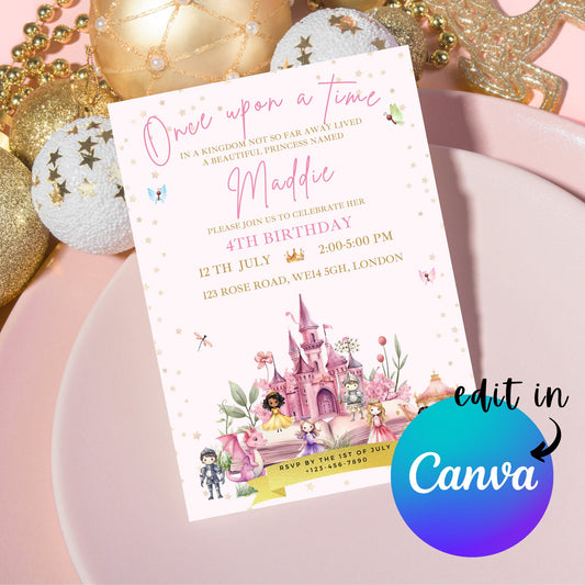 EDITABLE Once Upon A time Invitation, Princess Birthday Invite, Princess Party, Girl birthday Girl birthday Party Fairytale Instant Download