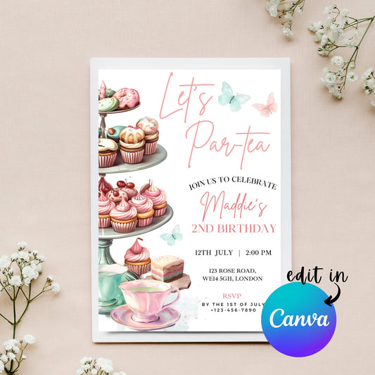 EDITABLE Let's Par-tea Birthday Invitation, Tea Party Birthday, Princess Party invite, Tea Party Invitation, High Tea Party Instant Download