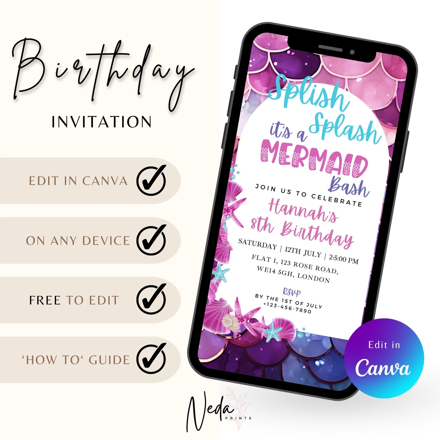 EDITABLE Splish Splash Birthday Invitation, Mermaid Party, Birthday Girl Invite, Mermaid Bash, Mermaid invitation Printable Instant Download