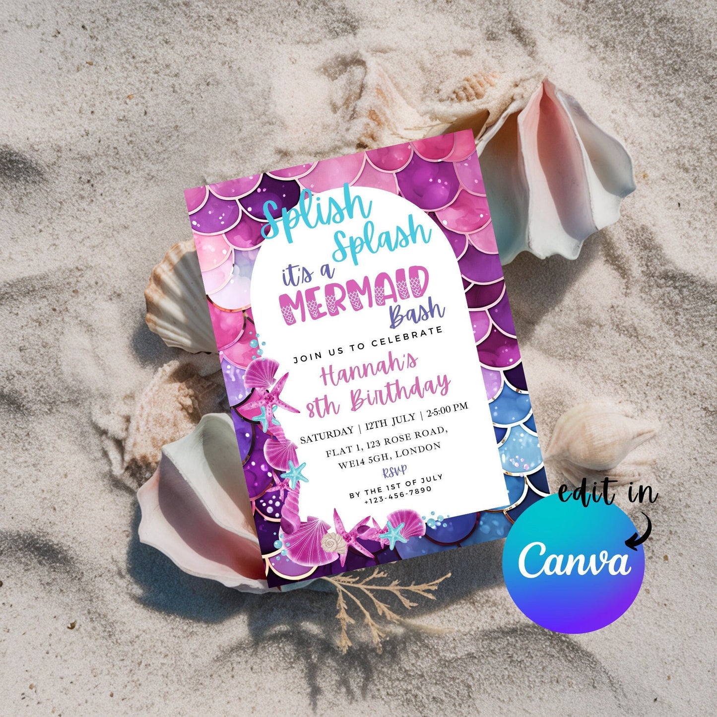 EDITABLE Splish Splash Birthday Invitation, Mermaid Party, Birthday Girl Invite, Mermaid Bash, Mermaid invitation Printable Instant Download