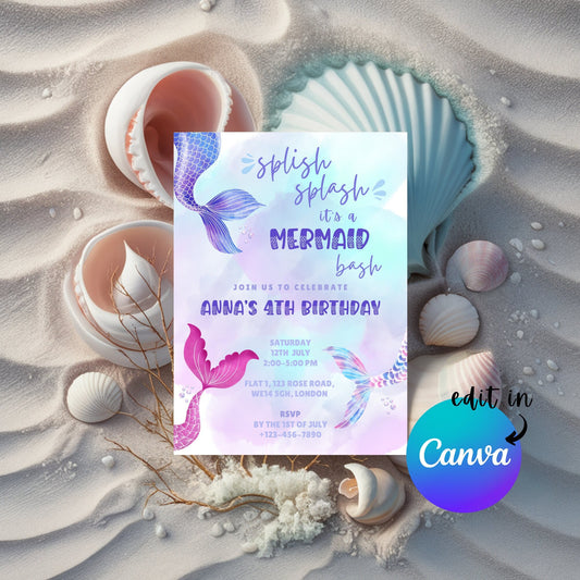 EDITABLE Splish Splash Birthday Invitation, Mermaid Party, Birthday Girl Invite, Mermaid Invite, Mermaid Birthday Printable Instant Download
