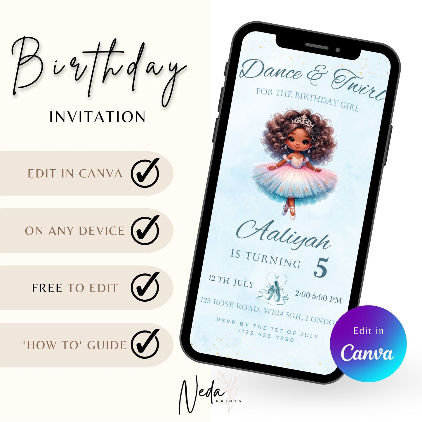 EDITABLE Ballerina Birthday Invitation, Ballet Birthday, Ballerina Party, Girl birthday, Black Girl birthday Party, Afro, Instant Download