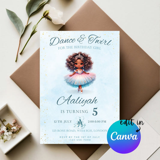 EDITABLE Ballerina Birthday Invitation, Ballet Birthday, Ballerina Party, Girl birthday, Black Girl birthday Party, Afro, Instant Download
