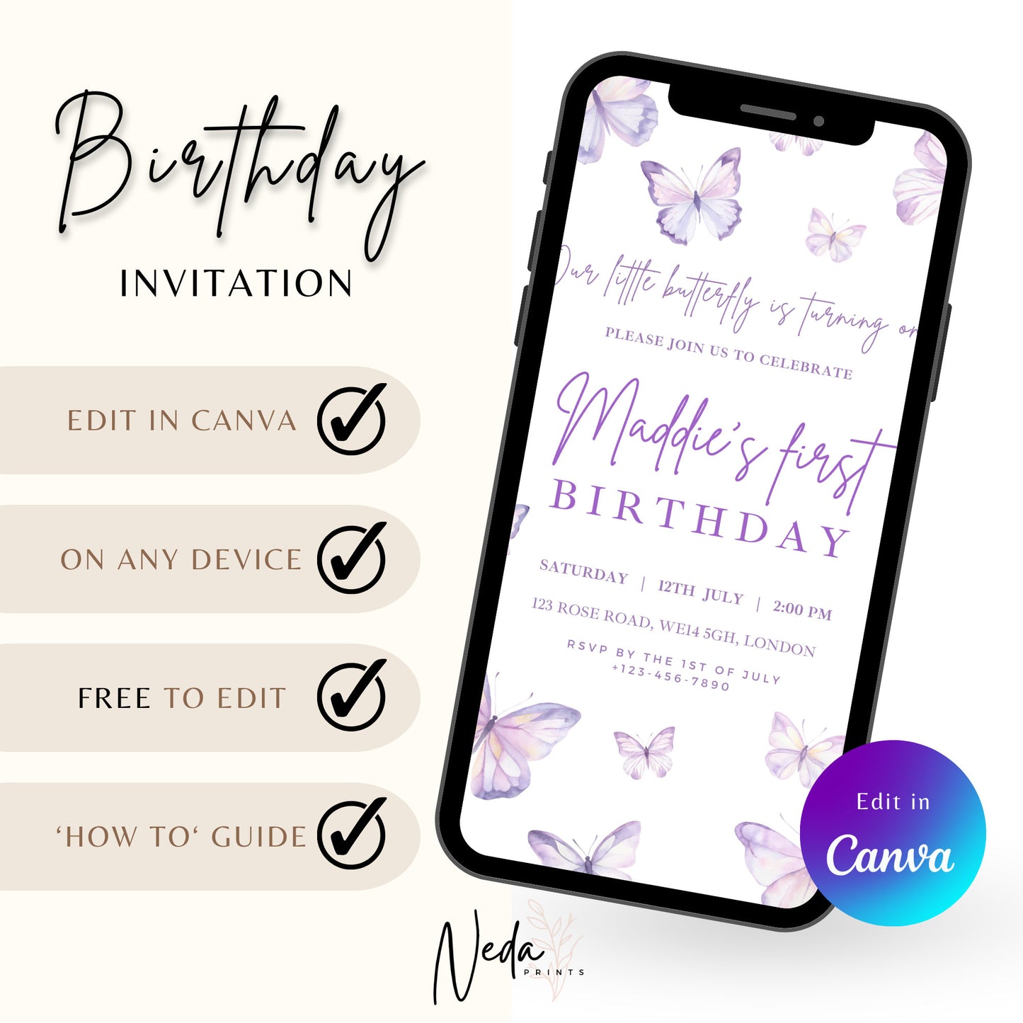 EDITABLE Purple Butterfly Birthday Invitation, 1st Birthday Invite, Butterfly Girl Birthday, Butterfly party, Printable Invitation Template