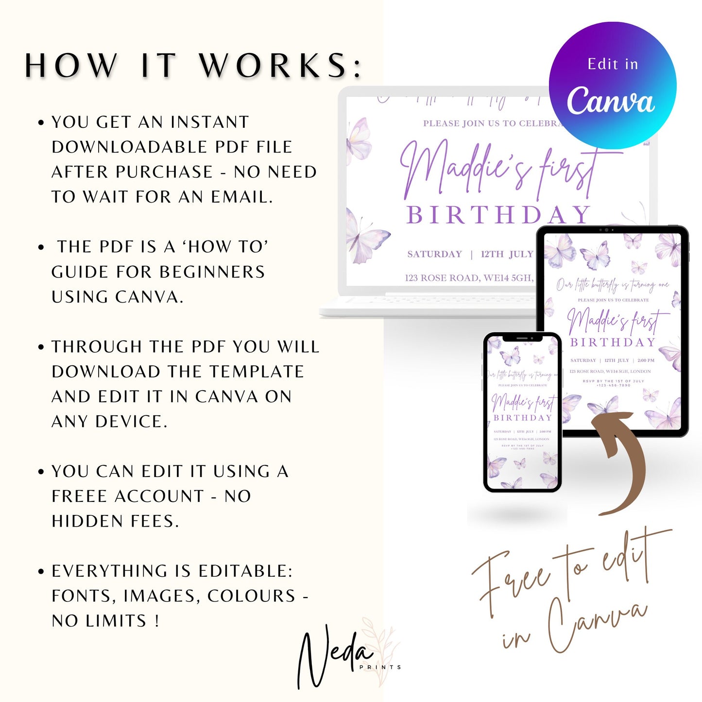 EDITABLE Purple Butterfly Birthday Invitation, 1st Birthday Invite, Butterfly Girl Birthday, Butterfly party, Printable Invitation Template