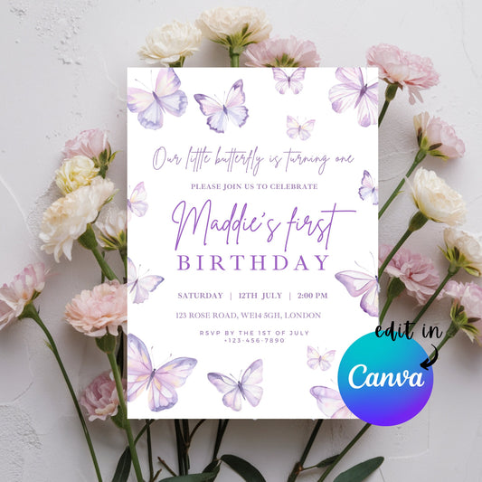 EDITABLE Purple Butterfly Birthday Invitation, 1st Birthday Invite, Butterfly Girl Birthday, Butterfly party, Printable Invitation Template