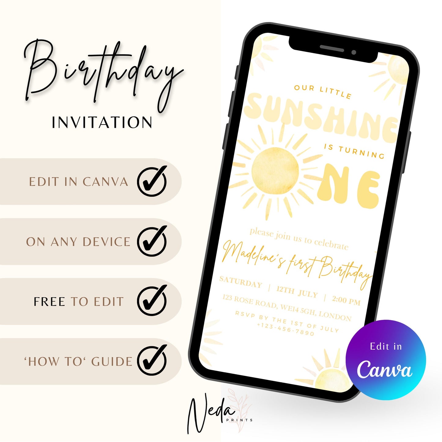 EDITABLE Sunshine Birthday Invitation, 1st Birthday Invite, Our Little sunshine, Sun Invitation, 1st Girl Birthday, Printable Template