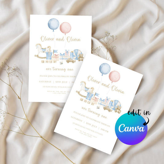 EDITABLE Twin Birthday Invitation, 1st 2nd Twin Birthday Invite, 1st birthday, twin boy and girl invite, Minimal, Printable Instant Download
