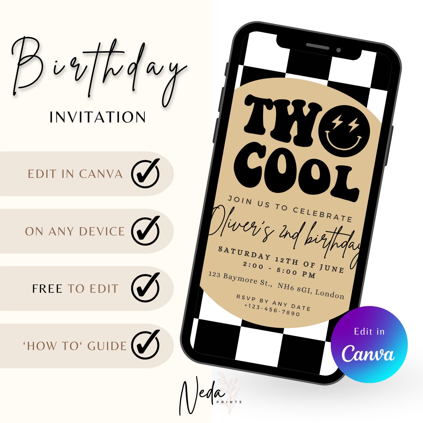 EDITABLE Two Cool Birthday Invitation, 2nd Birthday Boy Invite, Retro checkered birthday, Boy second retro bday, Printable Instant Download