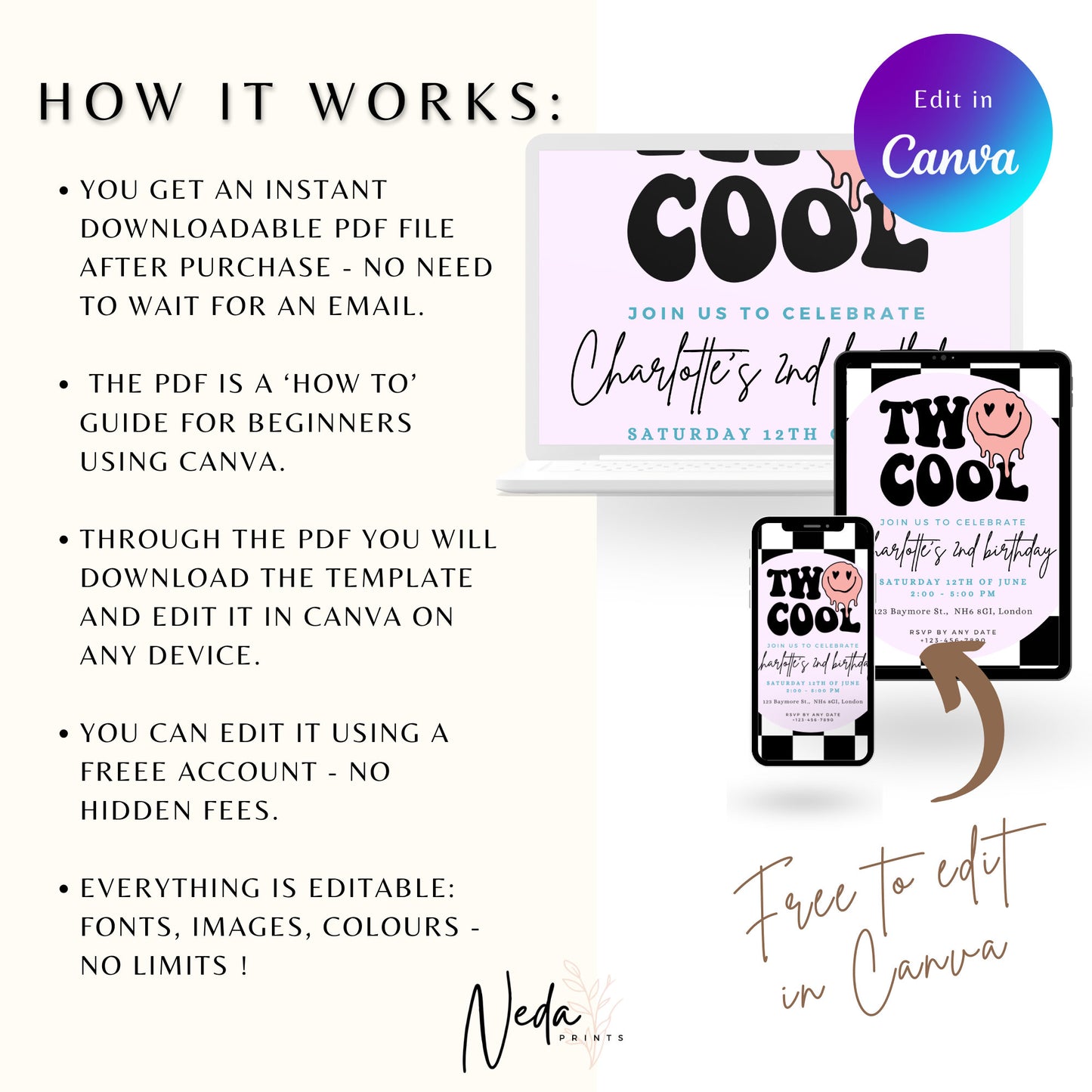 EDITABLE Two Cool Birthday Invitation, Girl 2nd Birthday Invite, Retro birthday, Girl second retro birthday party Printable Instant Download