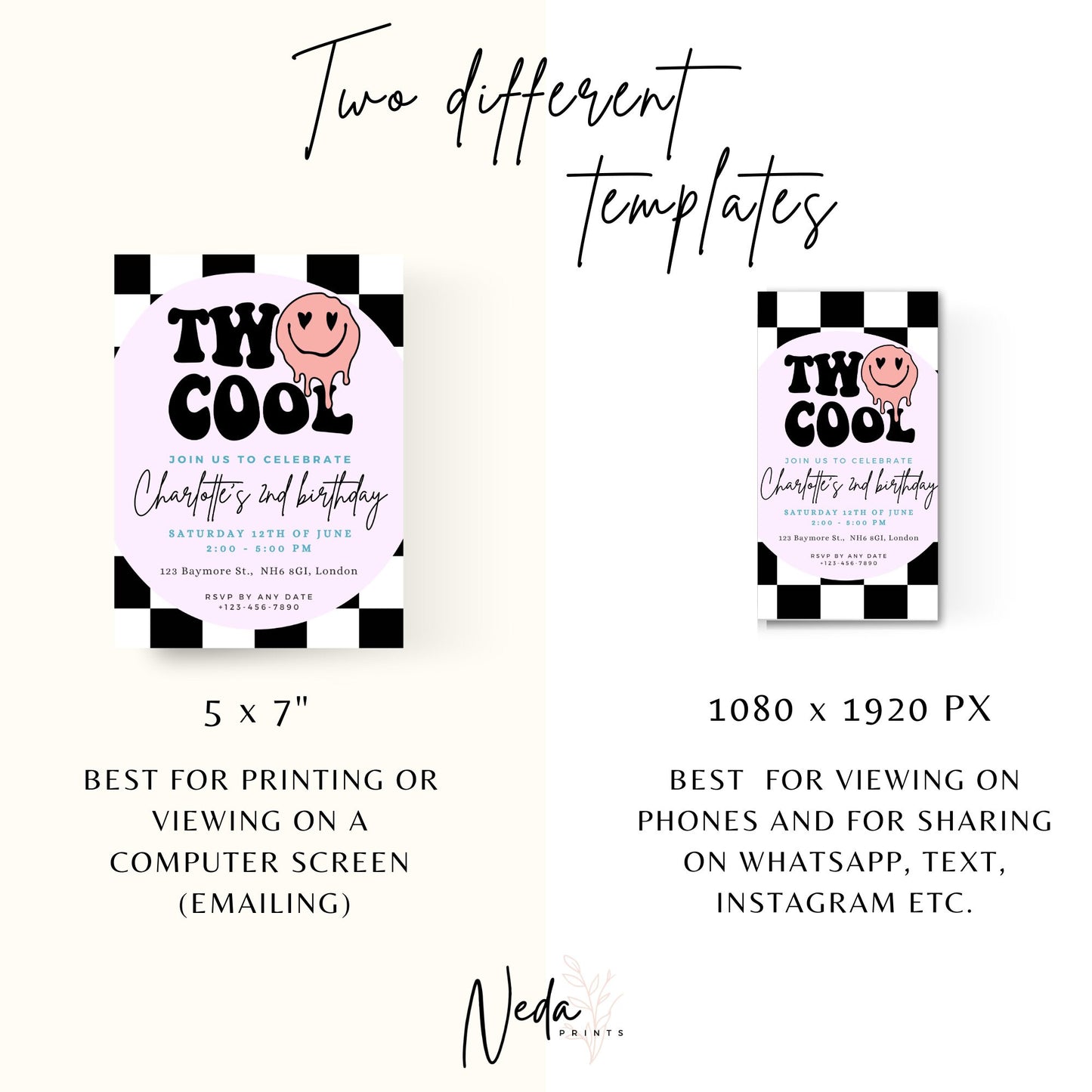 EDITABLE Two Cool Birthday Invitation, Girl 2nd Birthday Invite, Retro birthday, Girl second retro birthday party Printable Instant Download