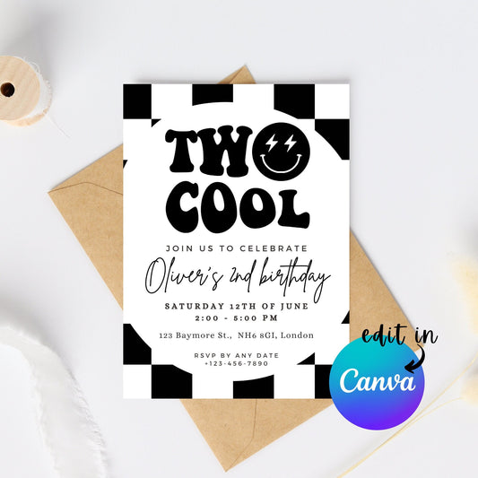 EDITABLE Two Cool Birthday Invitation, 2nd Birthday Boy Invite, Retro birthday, Boy second retro birthday party Printable Instant Download
