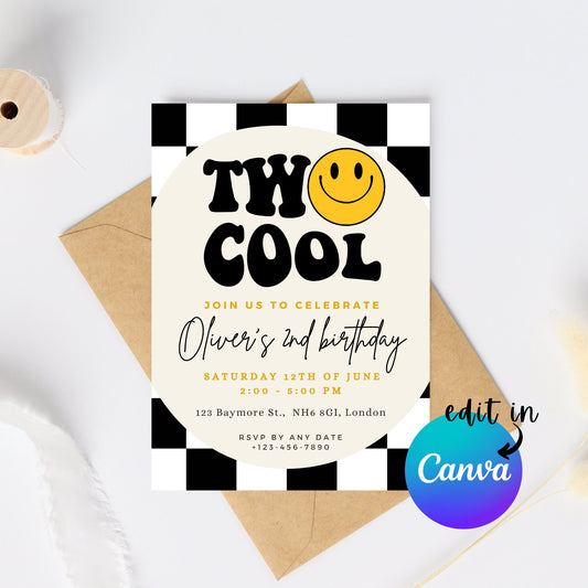 EDITABLE Two Cool Birthday Invitation, 2nd Birthday Boy Invite, Retro birthday, Boy second retro birthday party, Instant Download, Printable