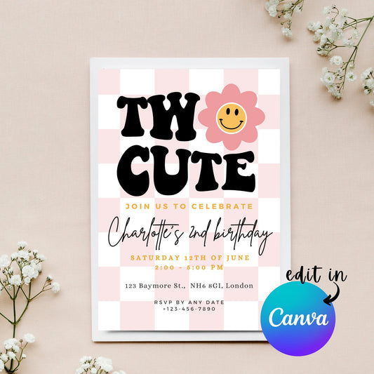 EDITABLE Two Cute Birthday Invitation, Girl 2nd Birthday, Retro Birthday, Two Cute Party Invite, Second birthday, Printable Instant Download