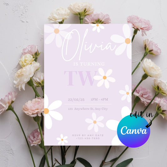 EDITABLE Daisy Two Purple Girl Birthday Invitation, 2nd Birthday Invite Printable template, Instant Download, Second Daisy Flower Invite