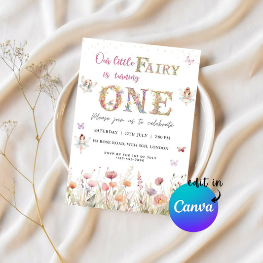 EDITABLE Fairy First Birthday Invitation, 1st Birthday Invite, fairy invitation, 1st birthday girl, fairy birthday party, Instant Download