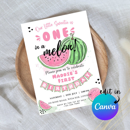 EDITABLE Pink One In A Melon Birthday Invitation, 1st Birthday Invite, Watermelon Birthday Invite Watermelon party Template Instant Download