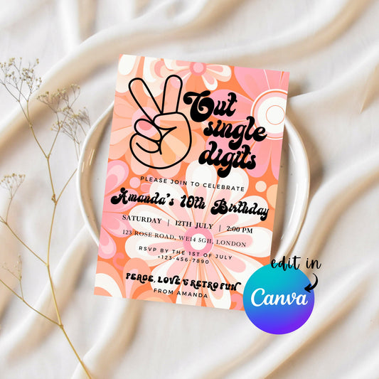 EDITABLE Peace Out Single Digits Birthday Invitation, 10th Birthday Invitation, Hippie Invitation Groovy Party 10 peace out Instant Download
