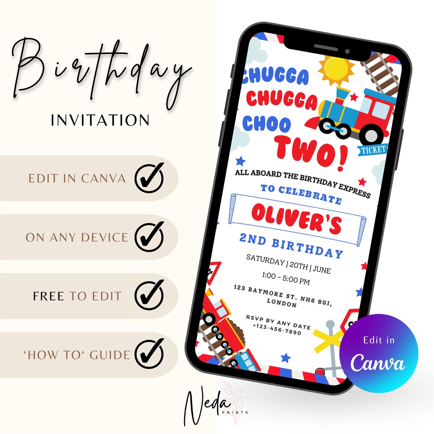 EDITABLE Chugga Chugga Choo Choo Two Train Birthday Invitation, 2nd Birthday Boy Invite, train party, Printable template, Instant Download