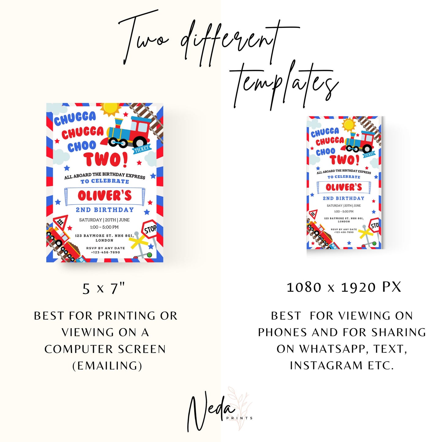 EDITABLE Chugga Chugga Choo Choo Two Train Birthday Invitation, 2nd Birthday Boy Invite, train party, Printable template, Instant Download