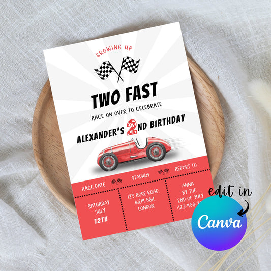 EDITABLE Growing Up Two Fast Birthday Invitation, Red Race Car Birthday, Race Car Invite, Two Fast invite, Second Birthday, Instant Download
