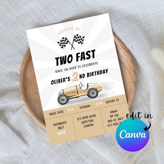 EDITABLE Growing Up Two Fast Birthday Invitation, Brown Race Car Birthday, Race Car Invite, Two Fast invite Second Birthday Instant Download