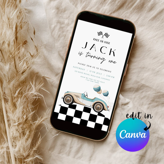 EDITABLE Retro Checkered Balloon Race Car First Birthday Invitation, 1st Race car birthday invite, Fast one invitation, Instant Download