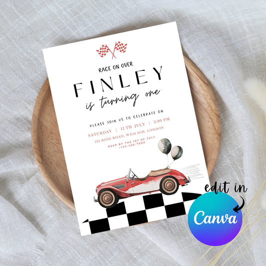 EDITABLE Retro Checkered Red balloon Race Car First Birthday Invitation, 1st Race car birthday invite, Fast one invitation, Instant Download