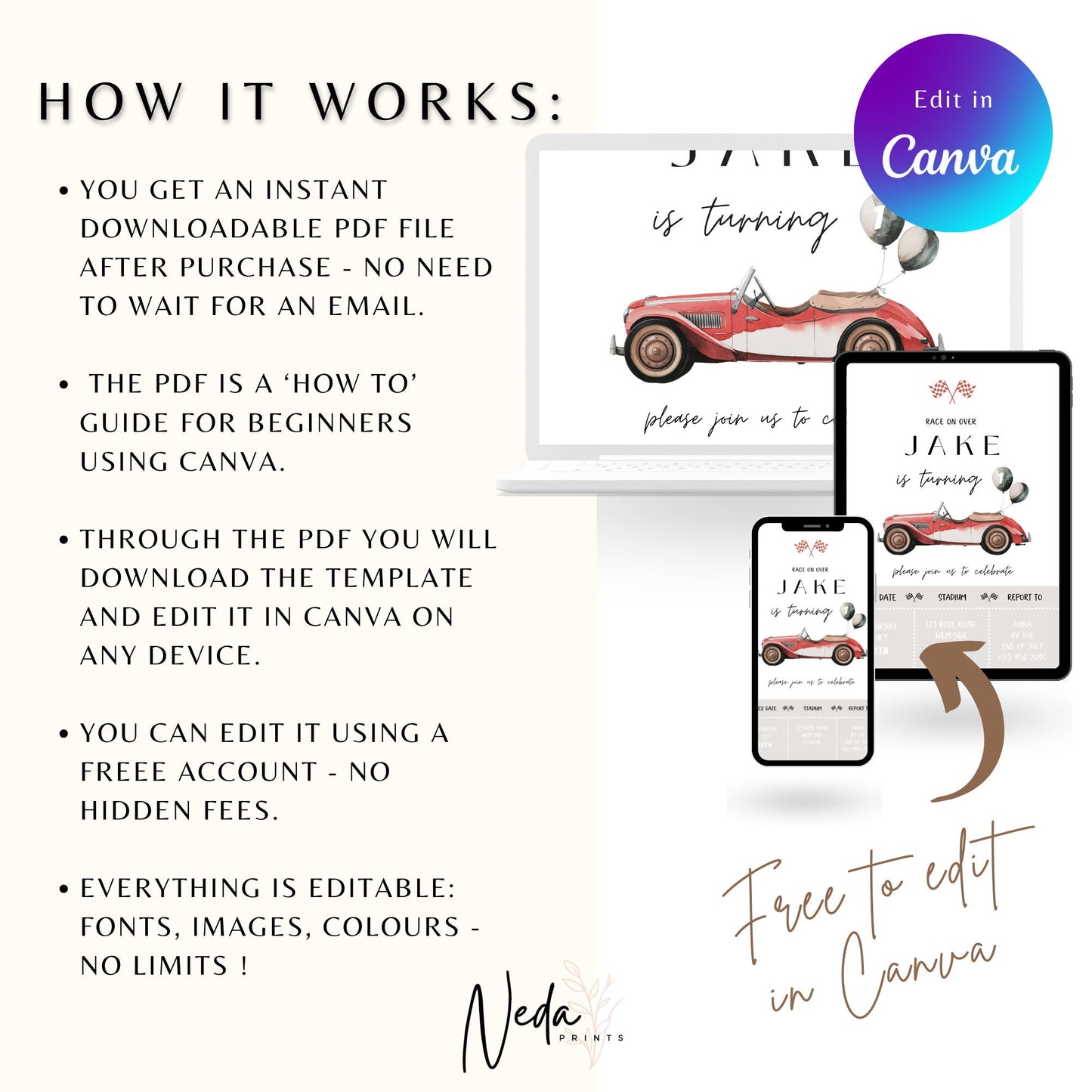 EDITABLE Retro Checkered Red Race Car Birthday Invitation, 1st 2nd 3rd Race car birthday invite First Second Third Birthday Instant Download