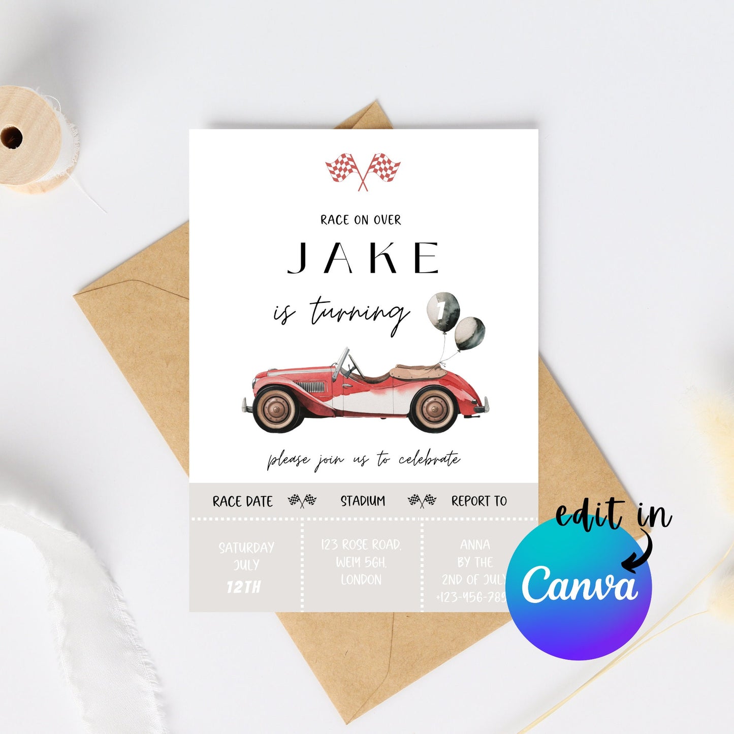 EDITABLE Retro Checkered Red Race Car Birthday Invitation, 1st 2nd 3rd Race car birthday invite First Second Third Birthday Instant Download
