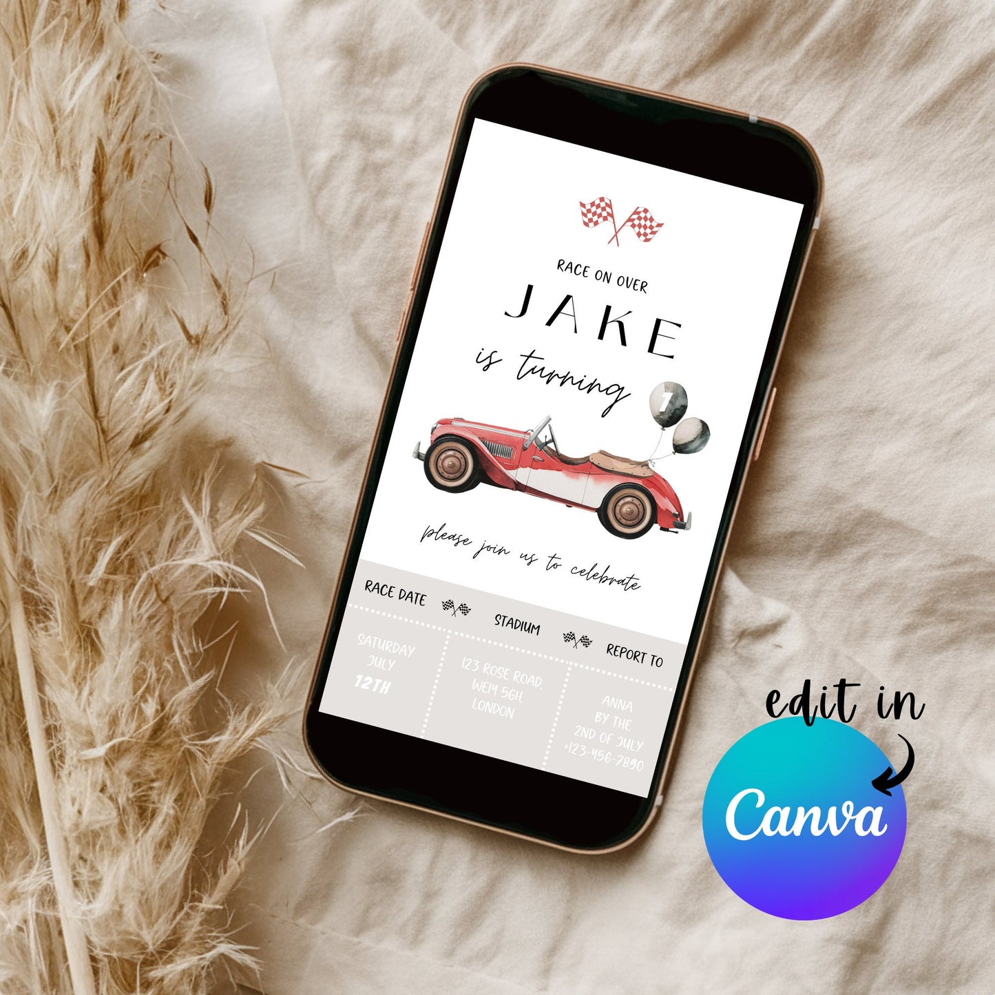 EDITABLE Retro Checkered Red Race Car Birthday Invitation, 1st 2nd 3rd Race car birthday invite First Second Third Birthday Instant Download