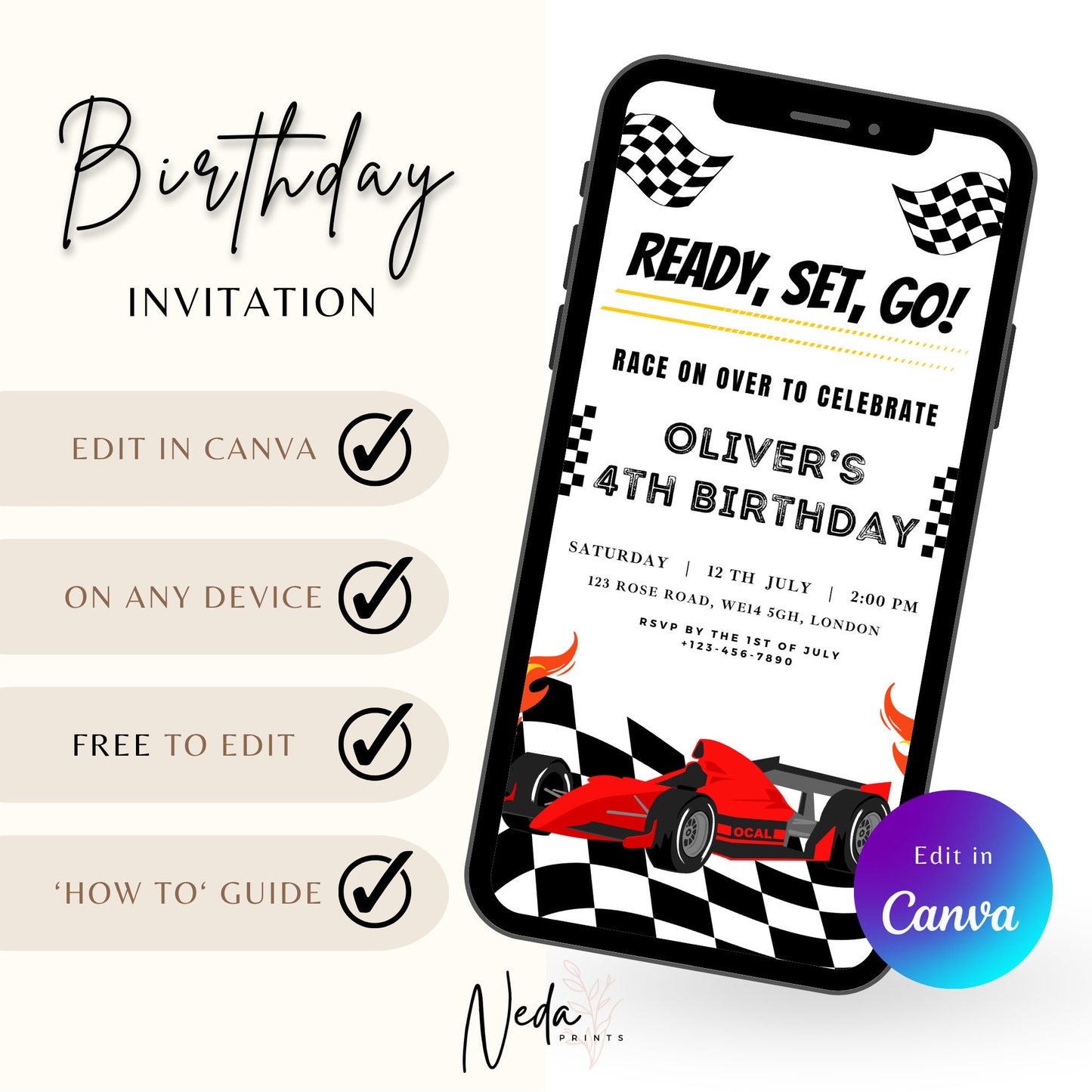 EDITABLE Ready, Set, Go Race Car Birthday Invitation, Race Car birthday Invite, 3rd 4th 5h 6th 7th 8th Birthday Invitation, Instant Download