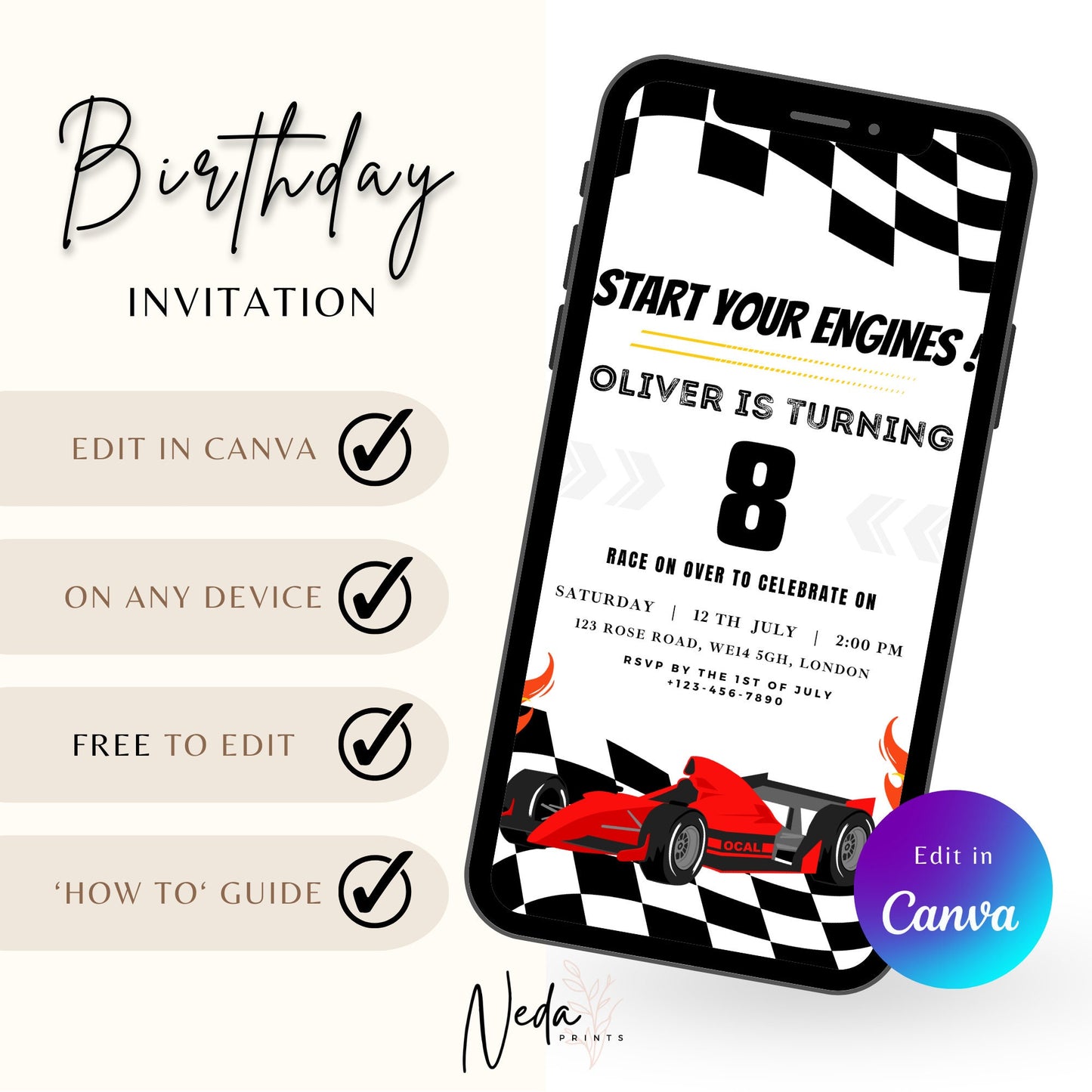 EDITABLE Start Your Engines Race Car Birthday Invitation, Race Car birthday Invite, 4th 5h 6th 7th 8th Birthday Invitation, Instant Download