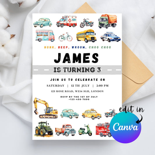 EDITABLE Transportation Birthday Party, Cars Birthday, Train Birthday Transport Birthday Invitation, Car Vehicle Invite, Instant Download