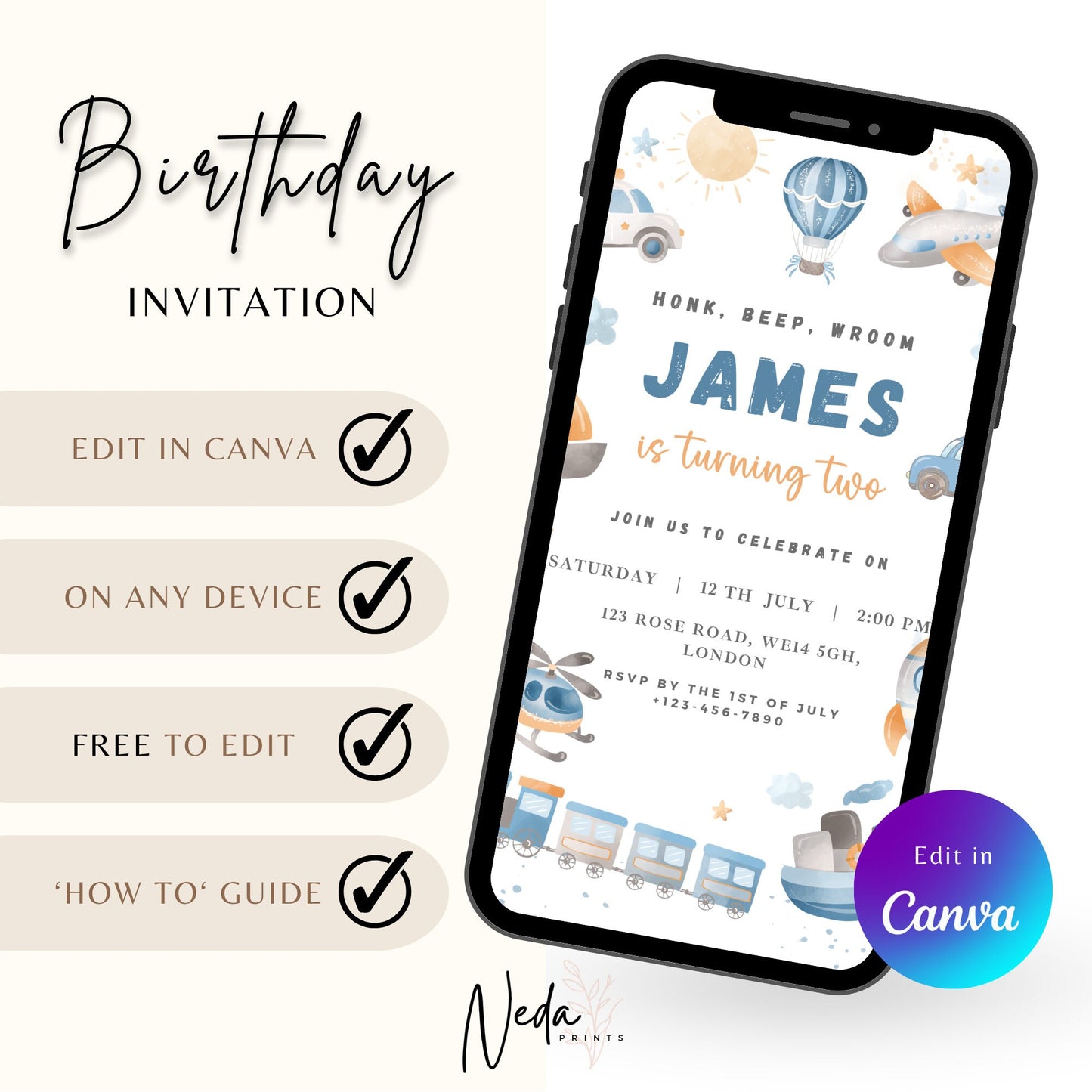 EDITABLE Blue Transportation Birthday Party, Cars Birthday, Train Birthday, Transport Birthday Invitation, Truck Invite, Instant Download