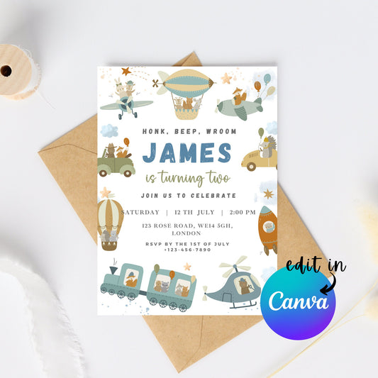 EDITABLE Animal Transportation Birthday Party, 1st 2nd 3rd Boy Birthday, Train Birthday, Transport Birthday Invitation, Instant Download