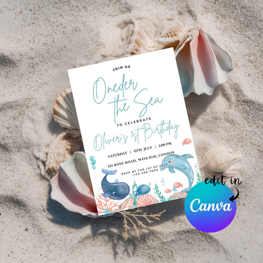 EDITABLE Oneder the Sea Birthday Invitation, 1st Birthday Invite, Sea Animals, Beach Aquarium Boy birthday, Ocean theme, Instant Download
